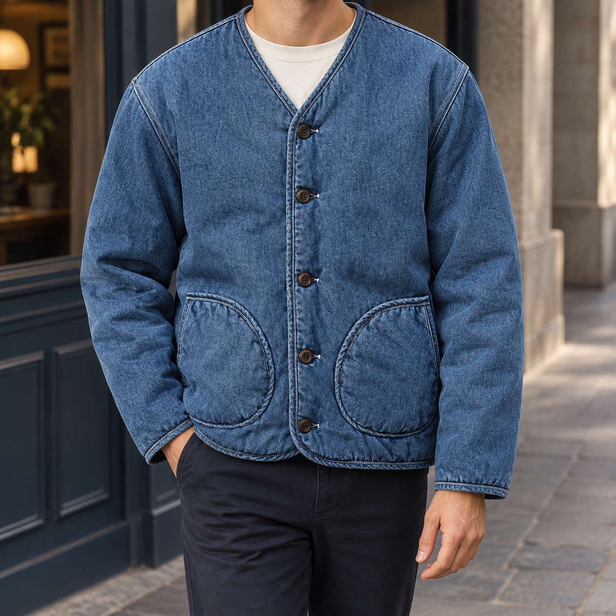 Men's blue denim jacket with quilted lining and patch pockets