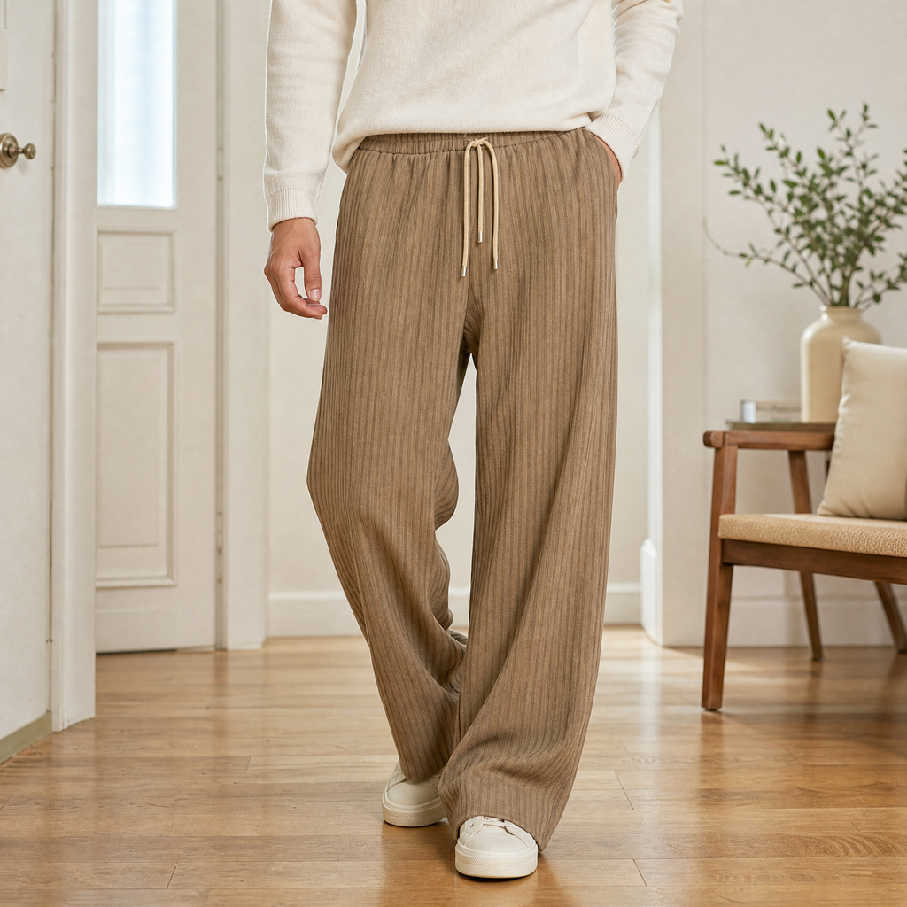 Men's ribbed wide leg trousers in khaki with drawstring waist