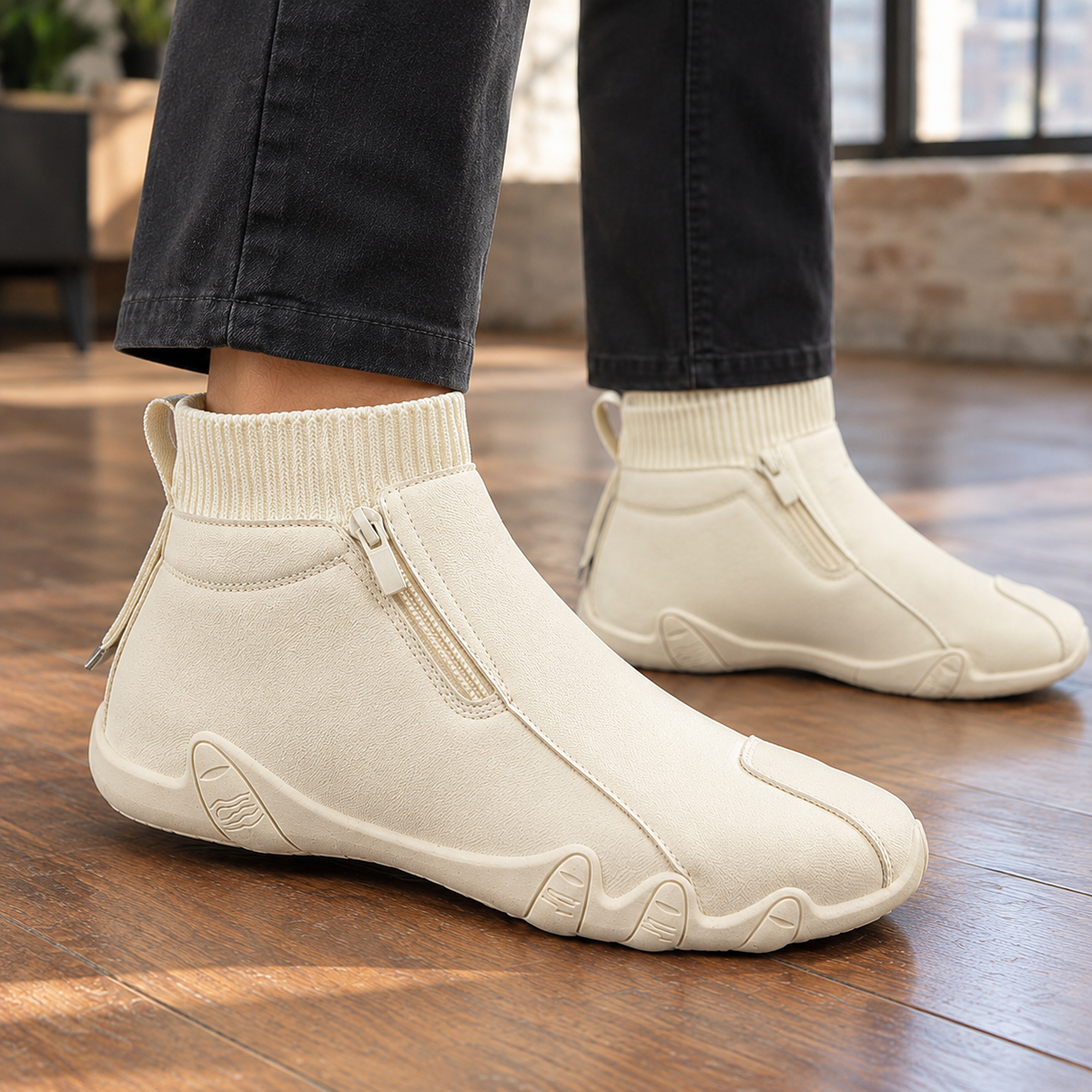 Men's Zip Up Leather Look Boots – Ribbed Sock Collar