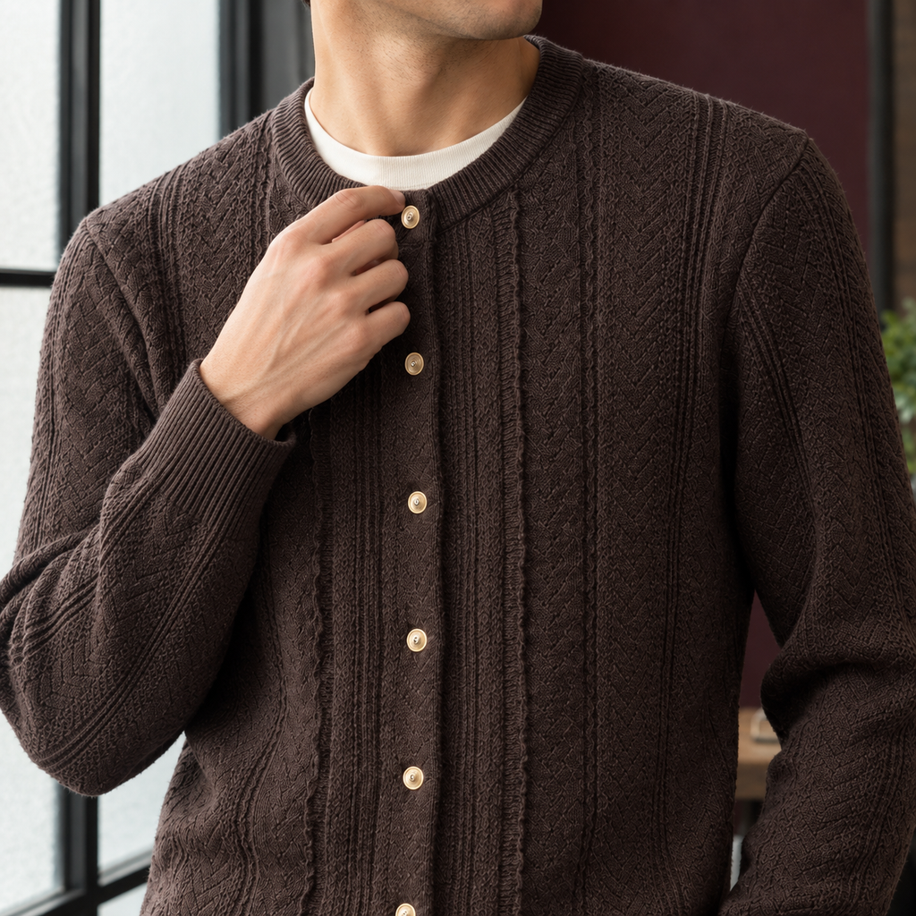 Men's Brown Textured Knit Cardigan – Button Front Winter Cardigan