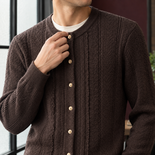 Men's Brown Textured Knit Cardigan – Button Front Winter Cardigan