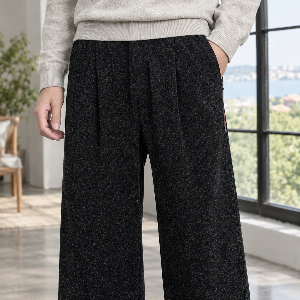 Men's Ribbed Wide Leg Trousers – Pleated Front Trousers