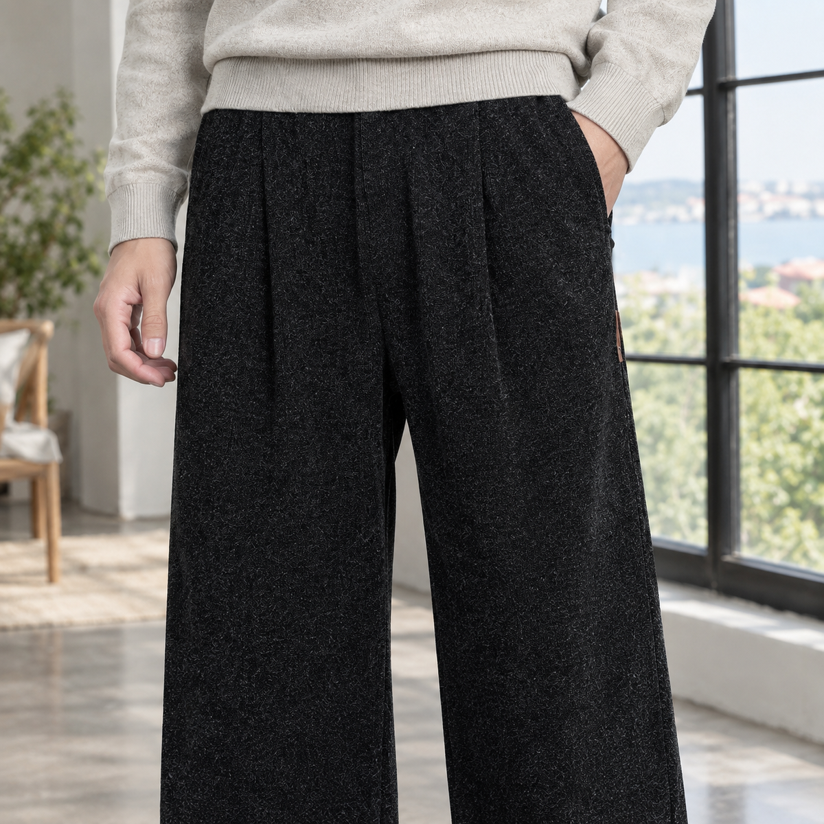 Men's Ribbed Wide Leg Trousers – Pleated Front Trousers