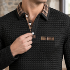 Men's Waffle Knit Long Sleeve Polo Shirt – Plaid Collar Trim