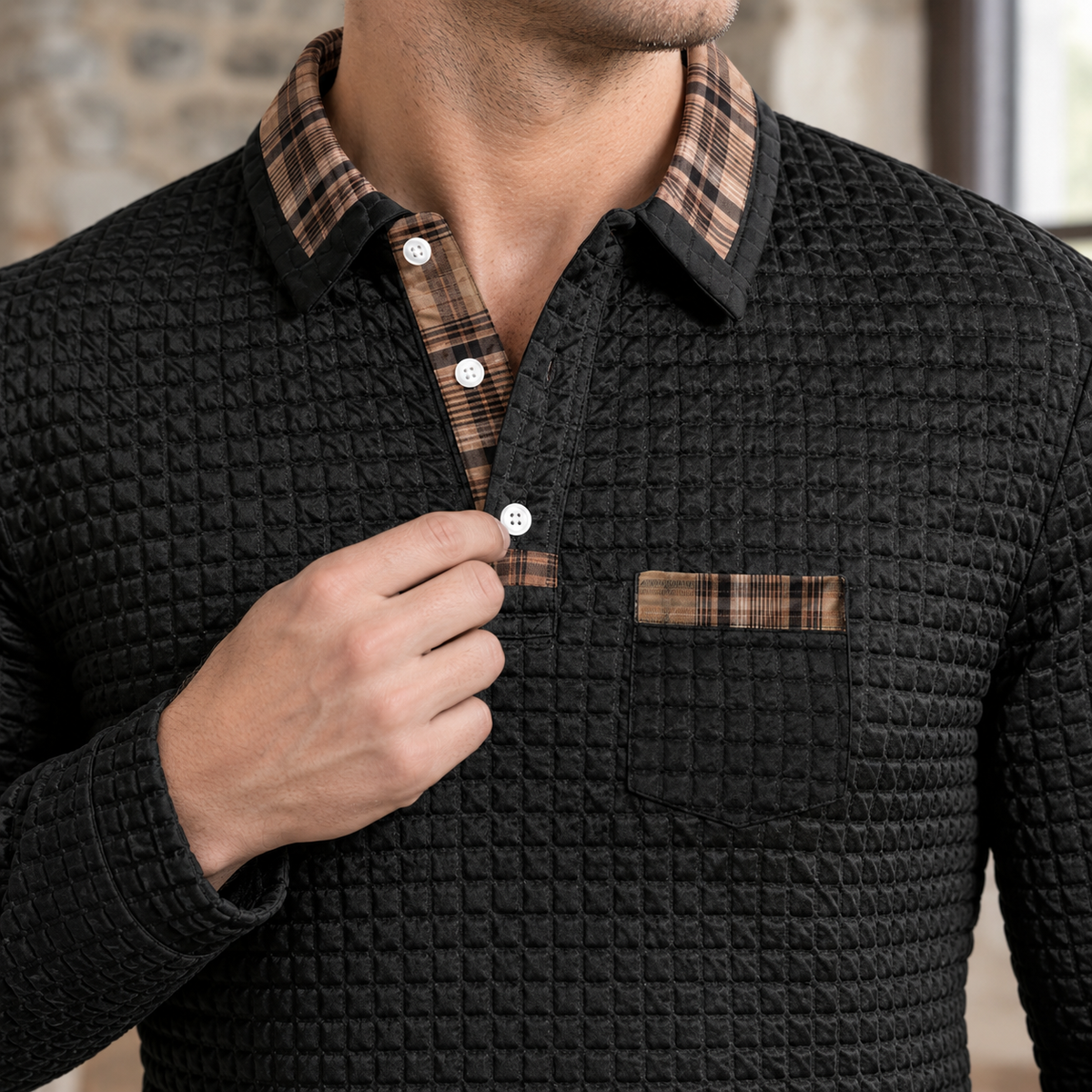 Men's Waffle Knit Long Sleeve Polo Shirt – Plaid Collar Trim