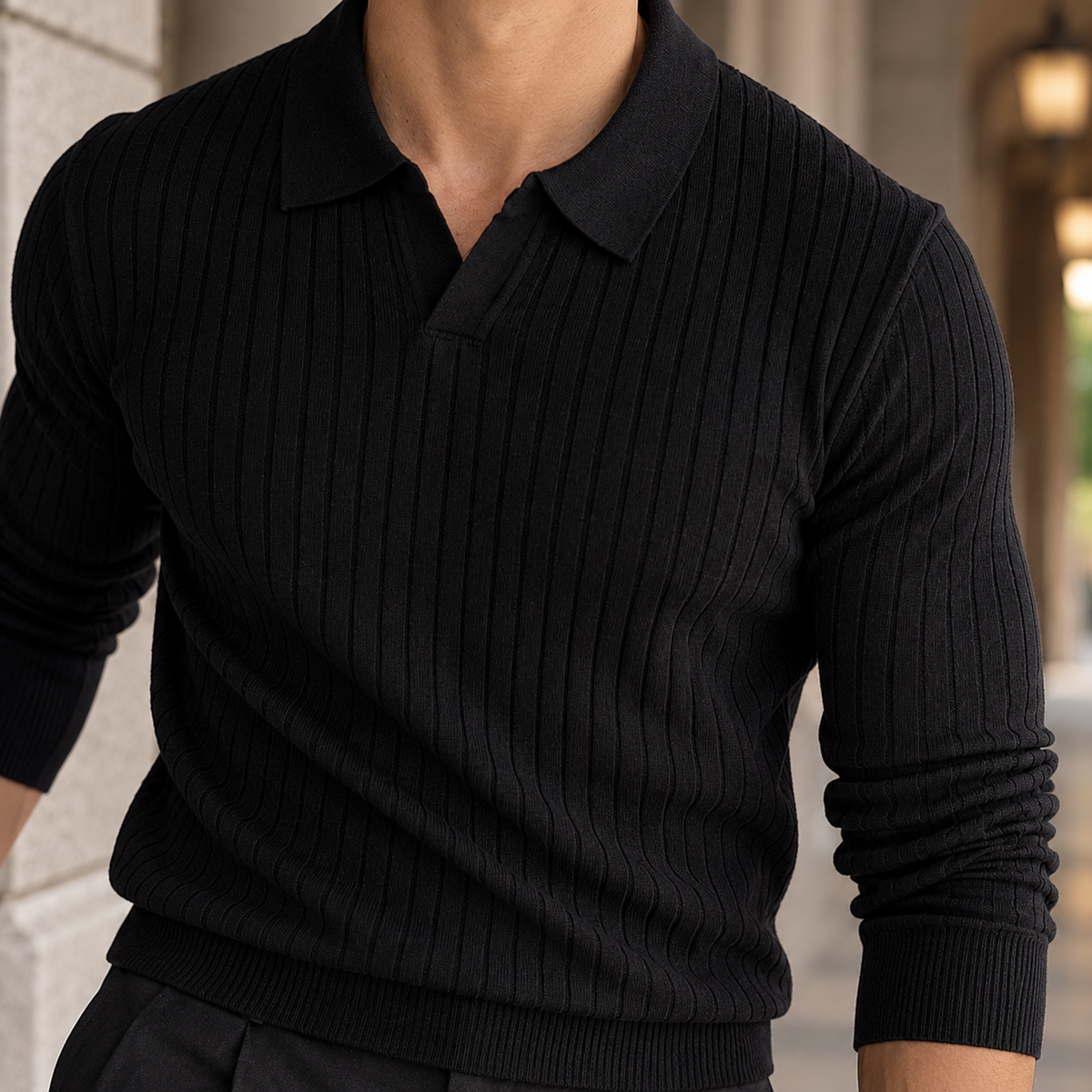 Men's Ribbed Knit Polo Shirt – Long Sleeve Polo Top