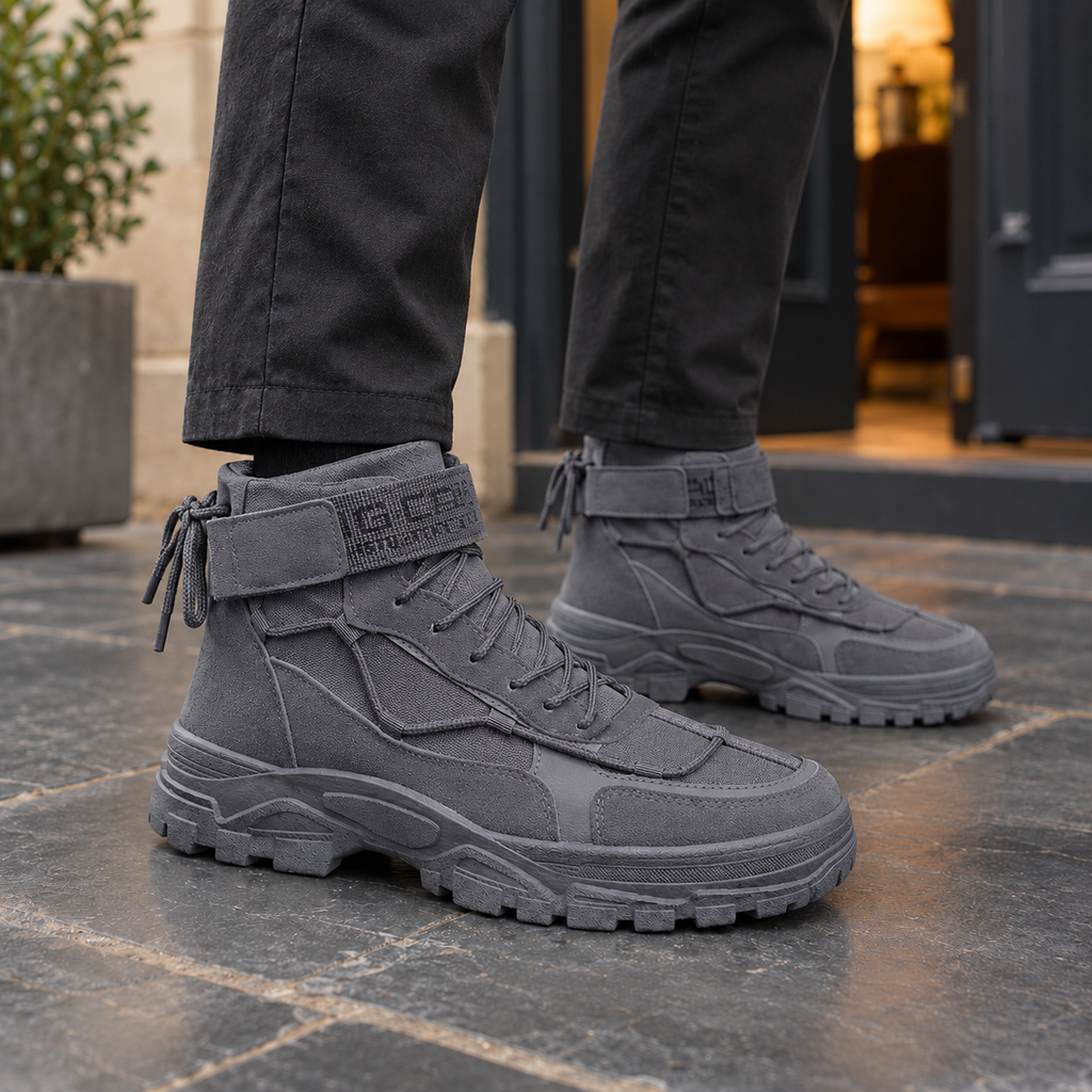 Men's Lace-Up Leather Look Boots – Chunky Treaded Sole