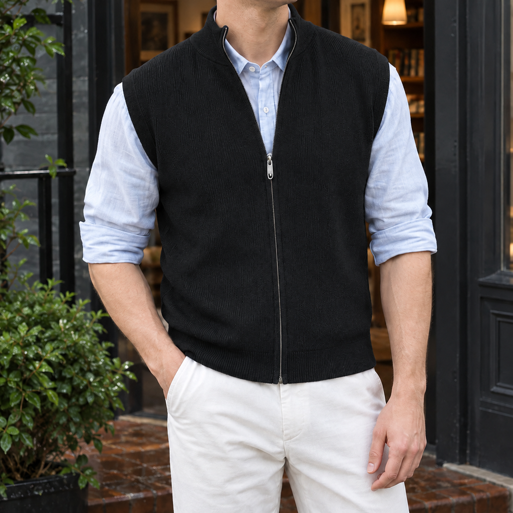 Men's Ribbed Knit Zip Vest – Sleeveless Layering Knitwear