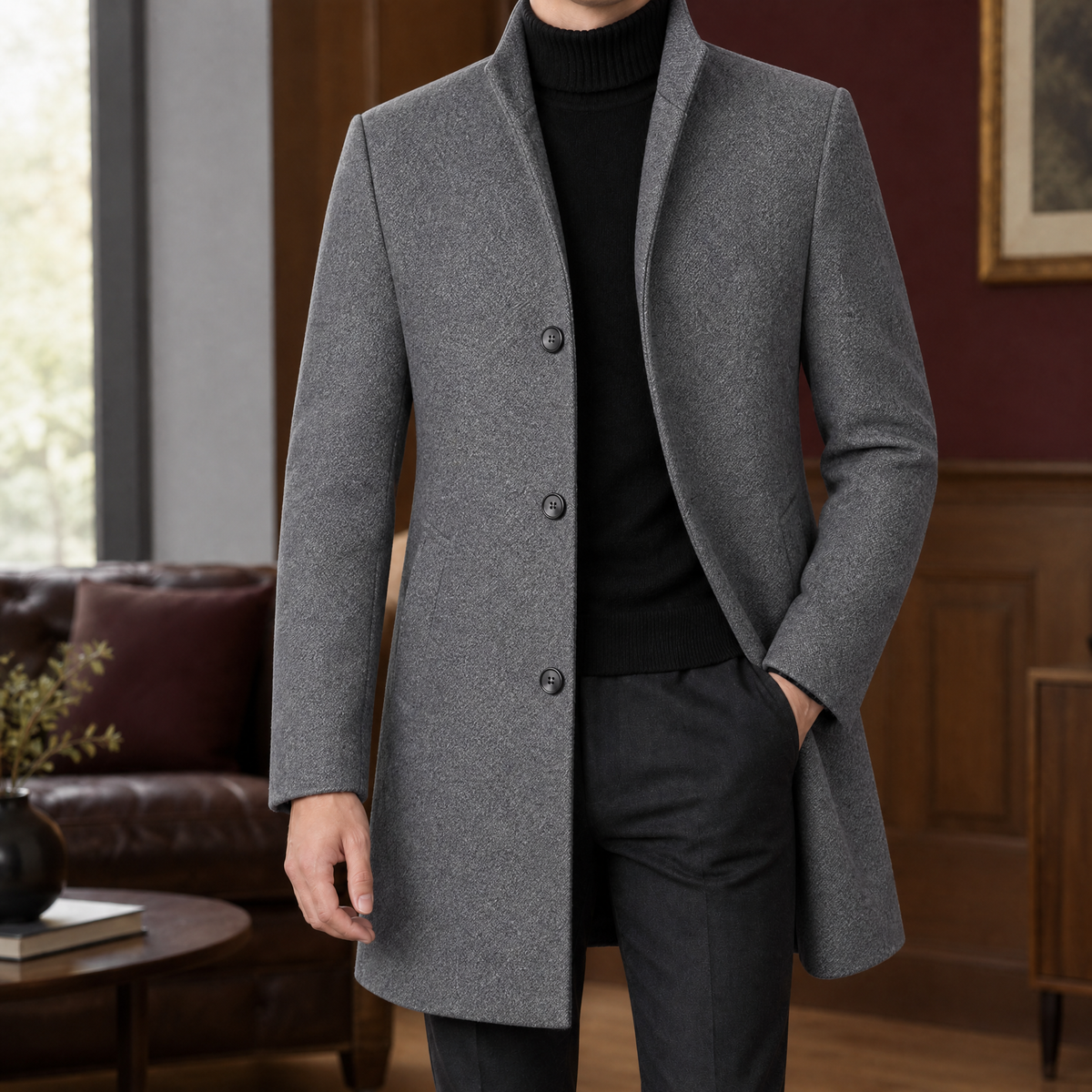Men's Wool Blend Single Breasted Overcoat – Long Winter Coat