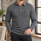 Men's Waffle Knit Long Sleeve Polo Shirt – Plaid Collar Trim