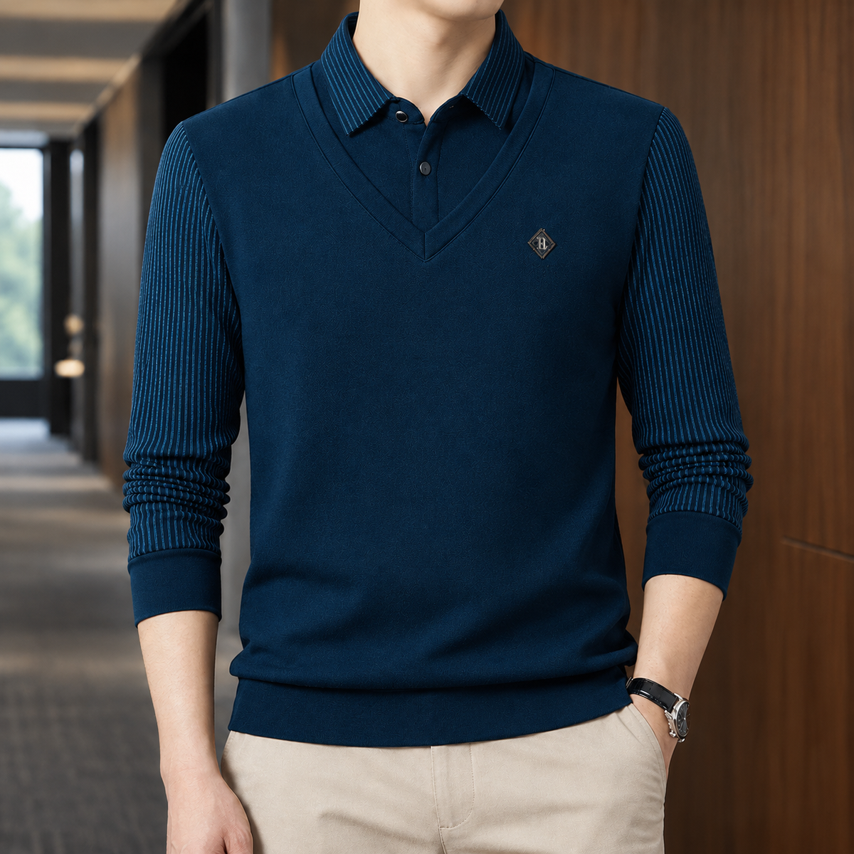 Men's Striped Long Sleeve Layered Polo Shirt