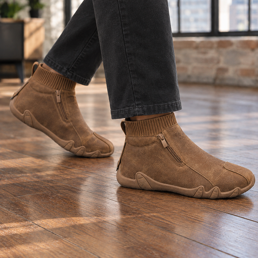 Men's Zip Up Leather Look Boots – Ribbed Sock Collar