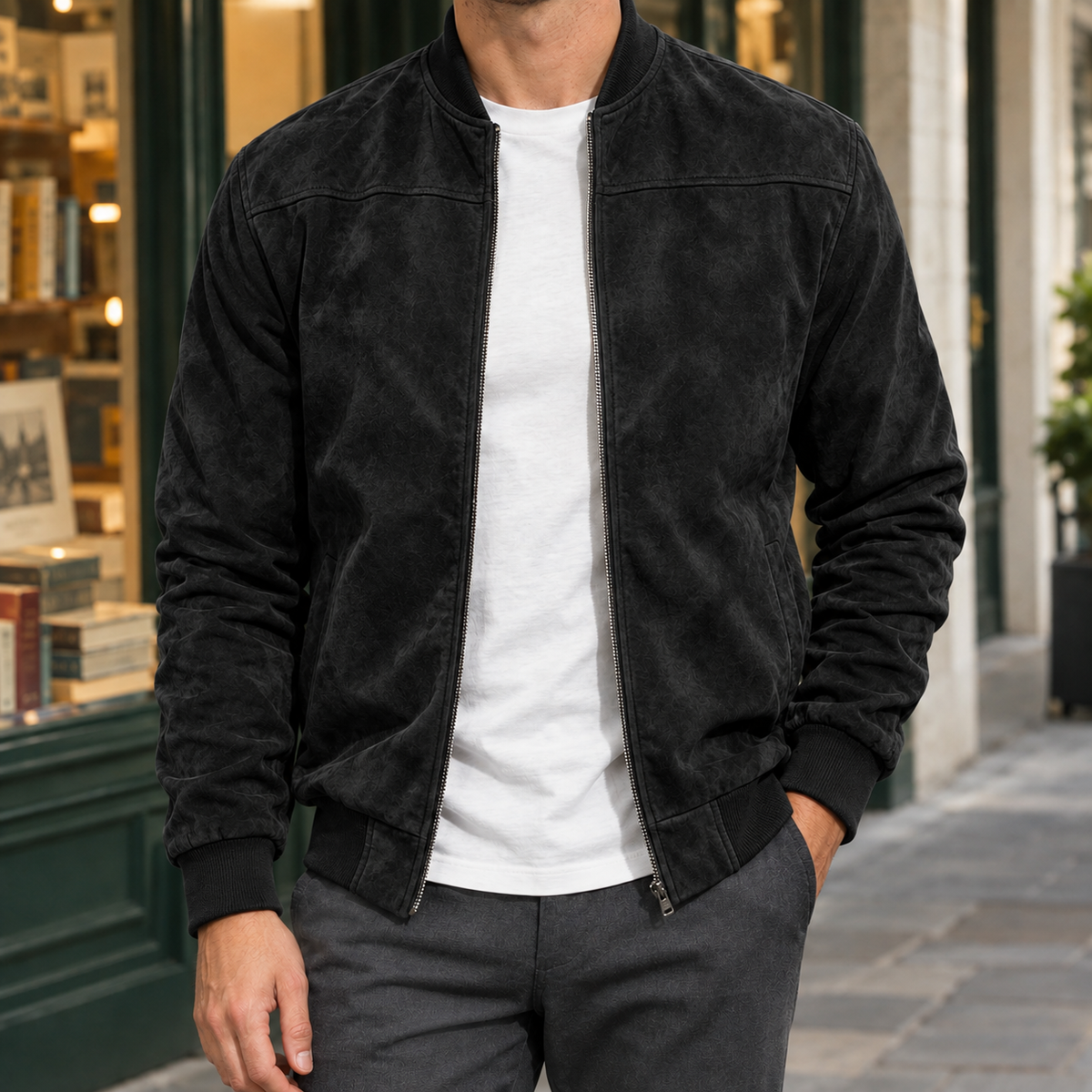 Men's Suede Bomber Jacket – Ribbed Collar Jacket