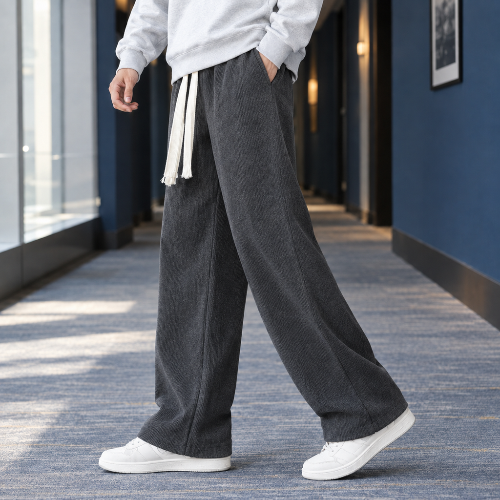 Men's Ribbed Wide Leg Trousers – Relaxed Woven Trousers