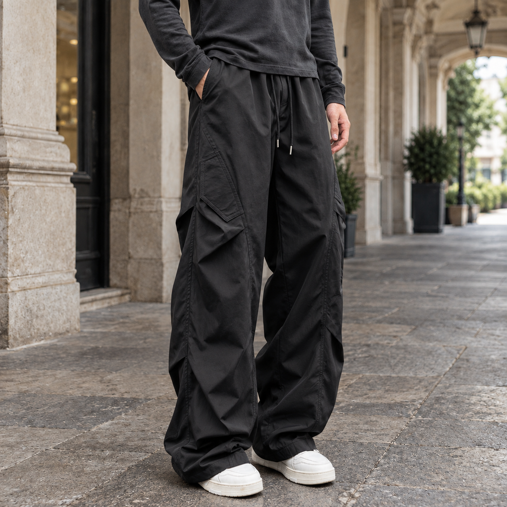 Men's Wide Leg Cargo Trousers – Drawstring Waist