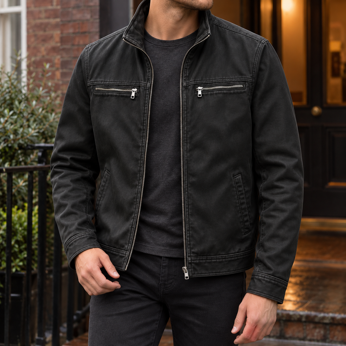 Men's Leather-Look Jacket – Four Pocket Utility Style
