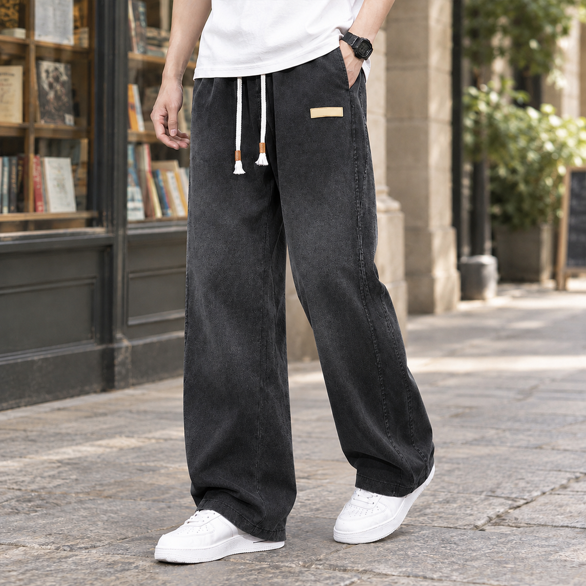 Men's Wide Leg Trousers with Drawstring Waist – Relaxed Casual Trousers