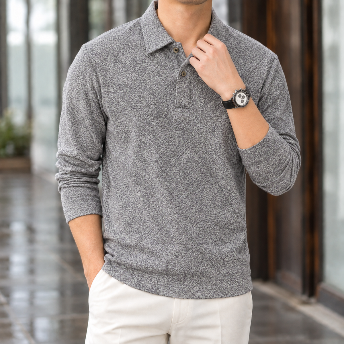 Men's Long Sleeve Knitted Polo Shirt – Textured Top