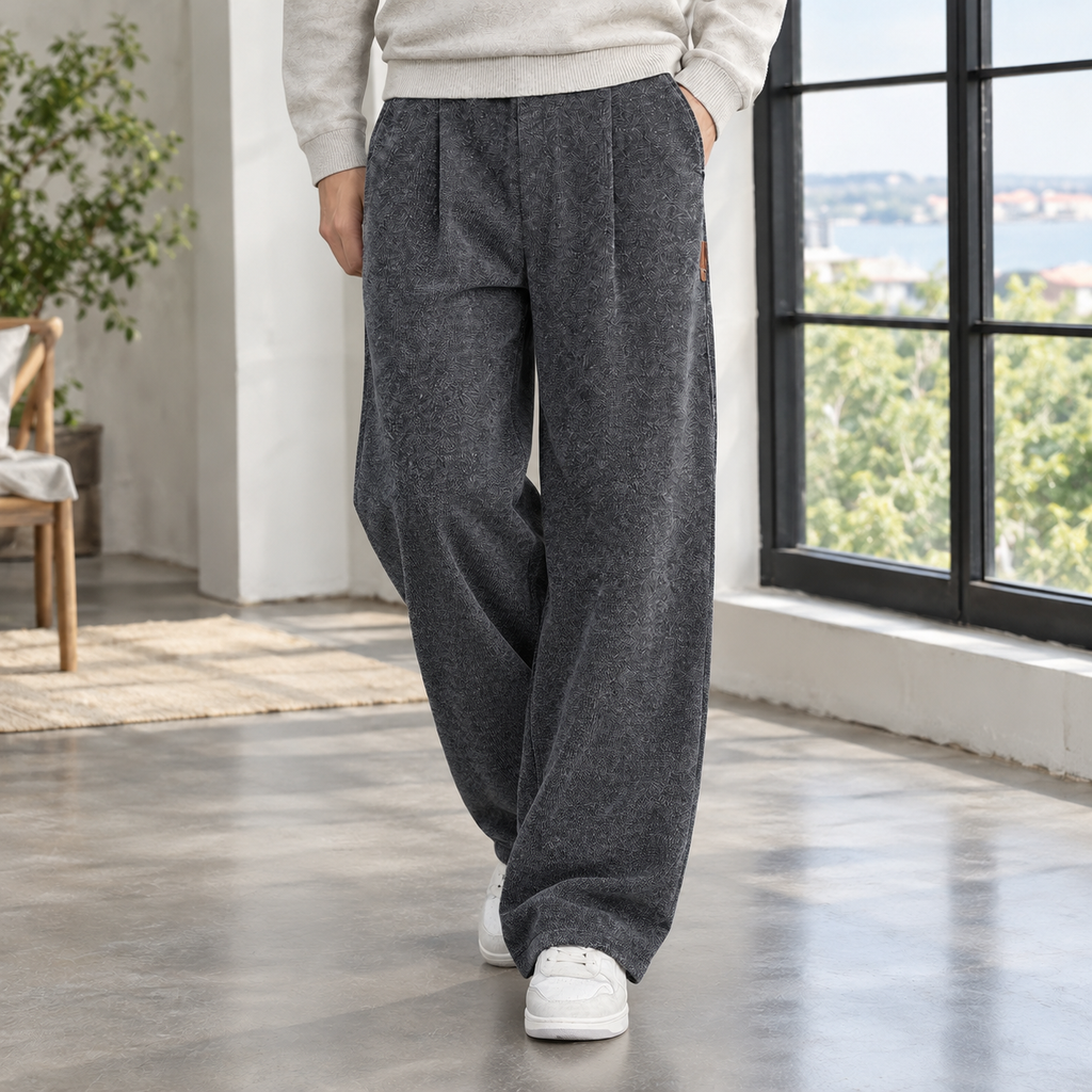 Men's Ribbed Wide Leg Trousers – Pleated Front Trousers