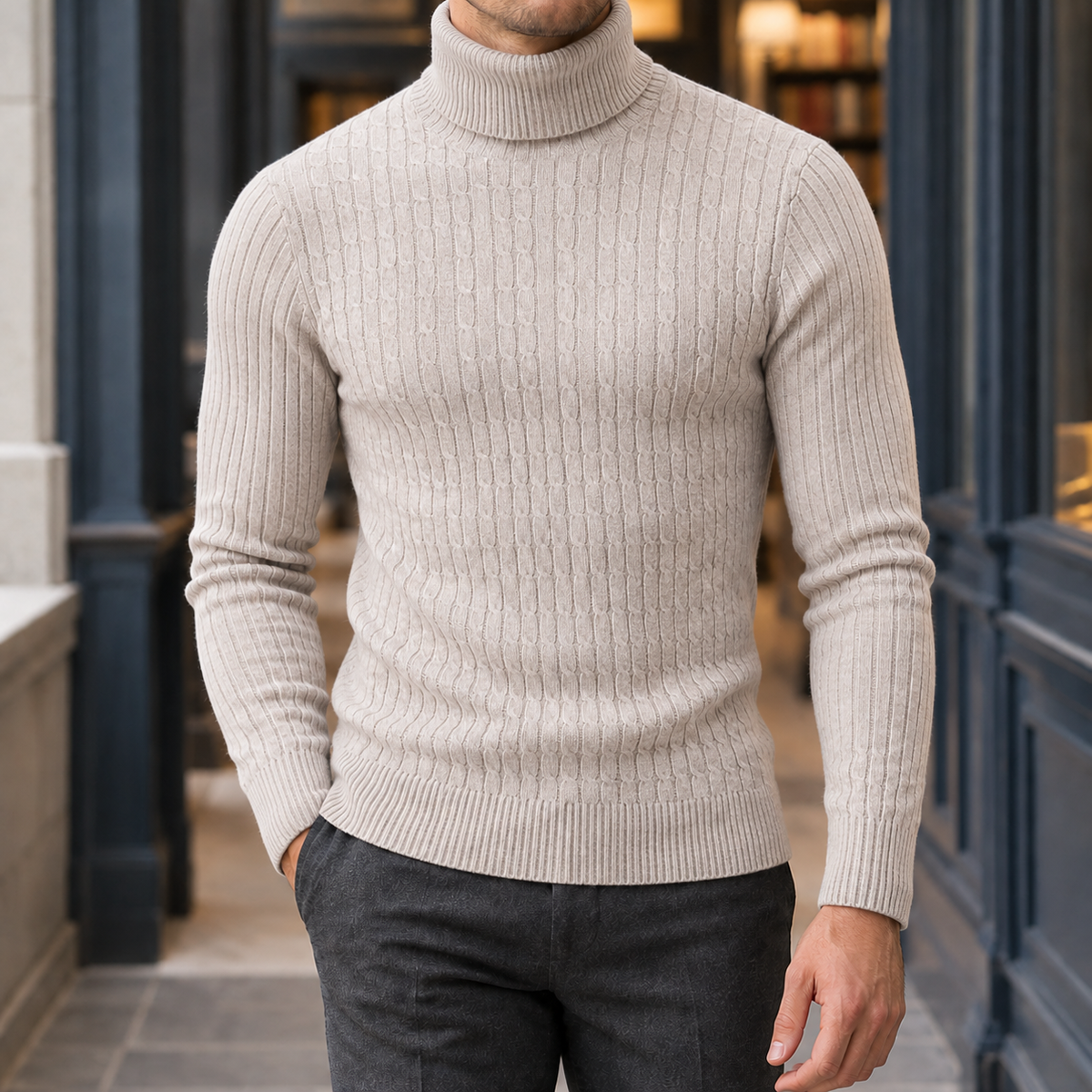 Men's Cable Knit Roll Neck Jumper – Slim Fit Winter Knitwear