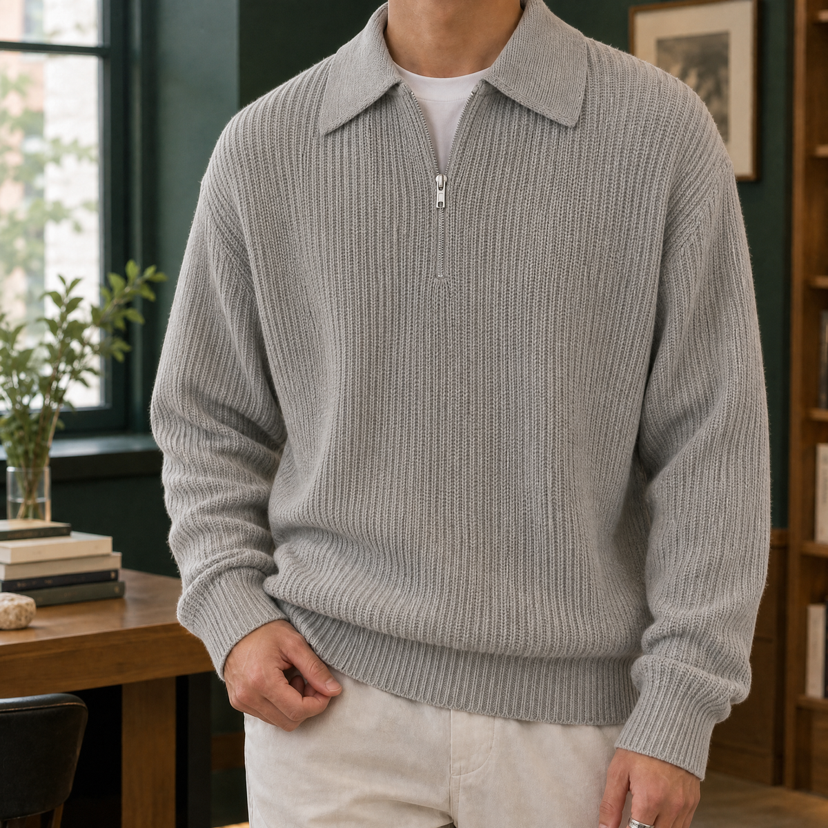 Men's Quarter Zip Jumper – Textured Knit Pullover