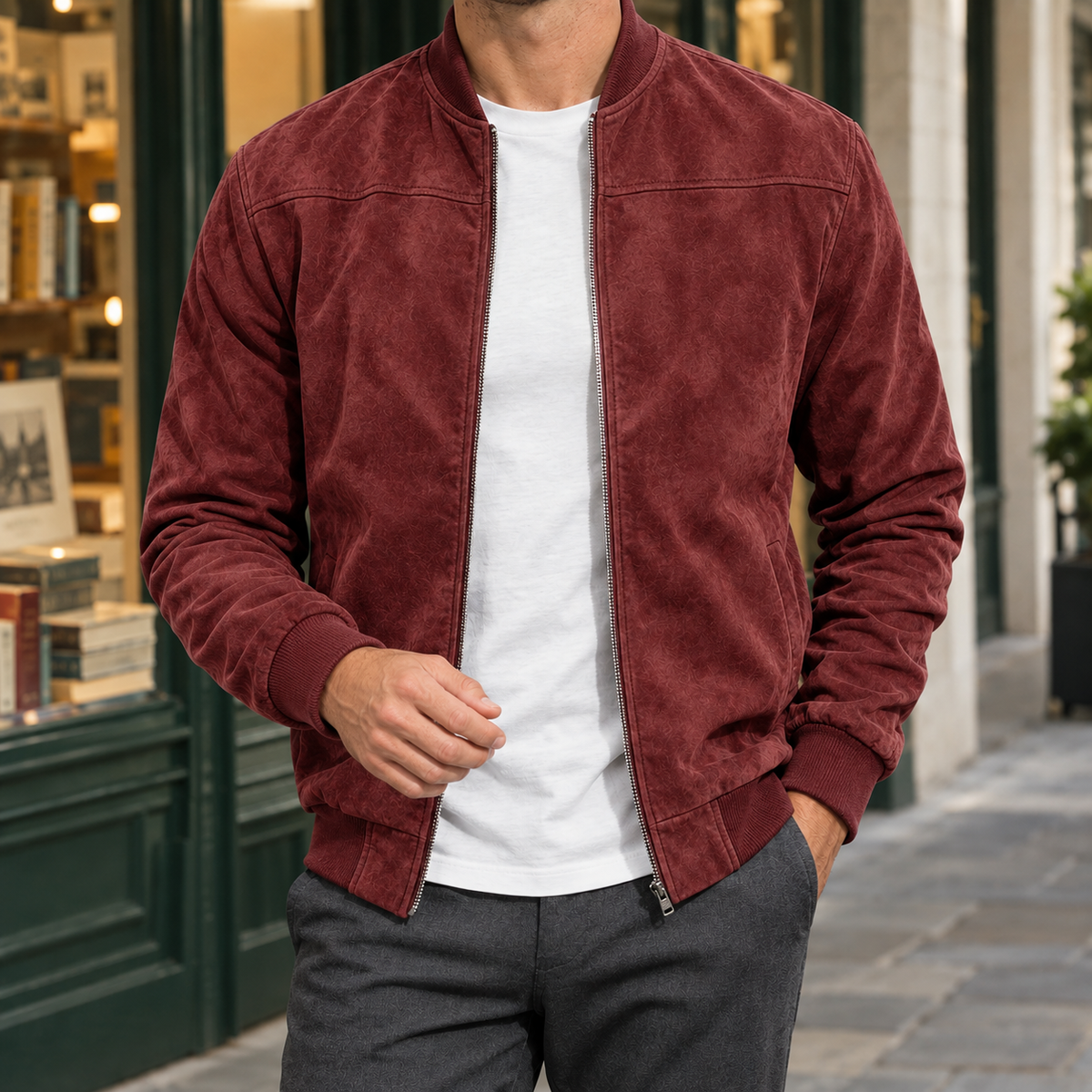 Men's Suede Bomber Jacket – Ribbed Collar Jacket