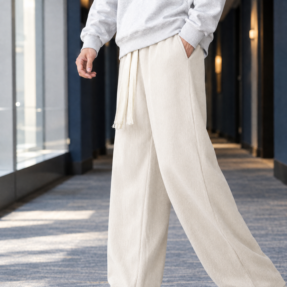 Men's Ribbed Wide Leg Trousers – Relaxed Woven Trousers