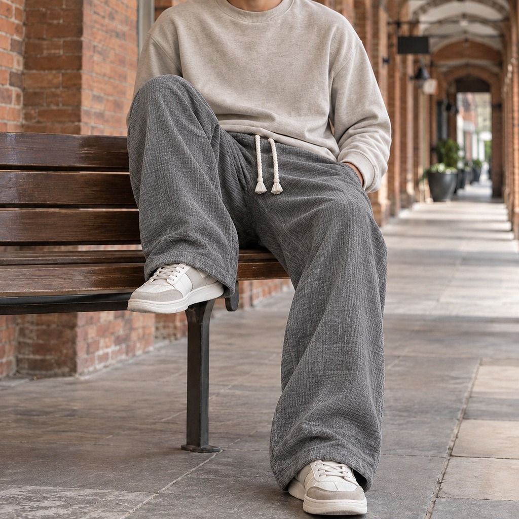 Men's Wide Leg Cotton Trousers – Relaxed Drawstring Trousers
