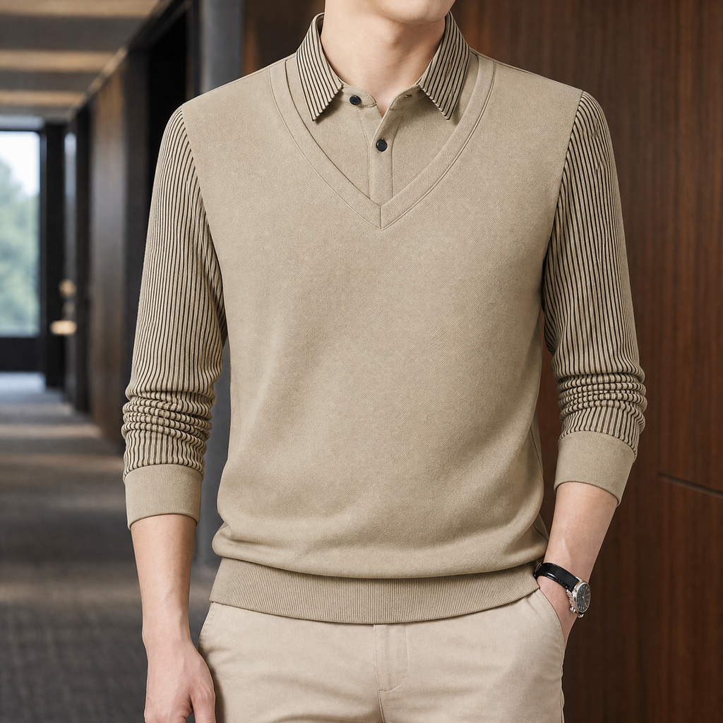 Men's Striped Long Sleeve Layered Polo Shirt