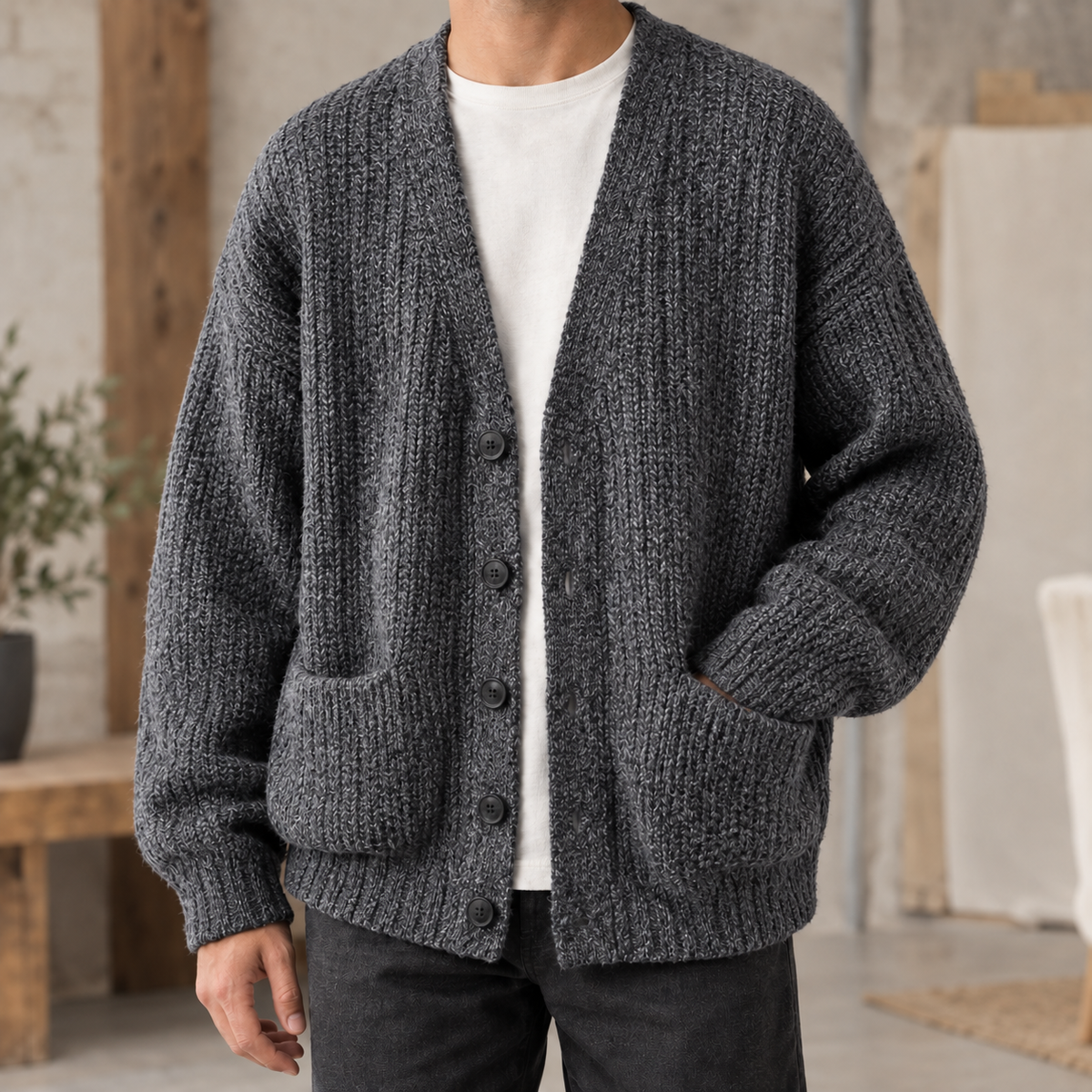 Men's Ribbed Knit Cardigan – Button Front Layer