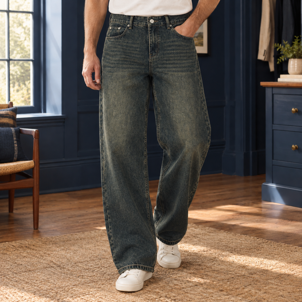 Men's Wide-Leg Jeans – High-Rise Washed Denim