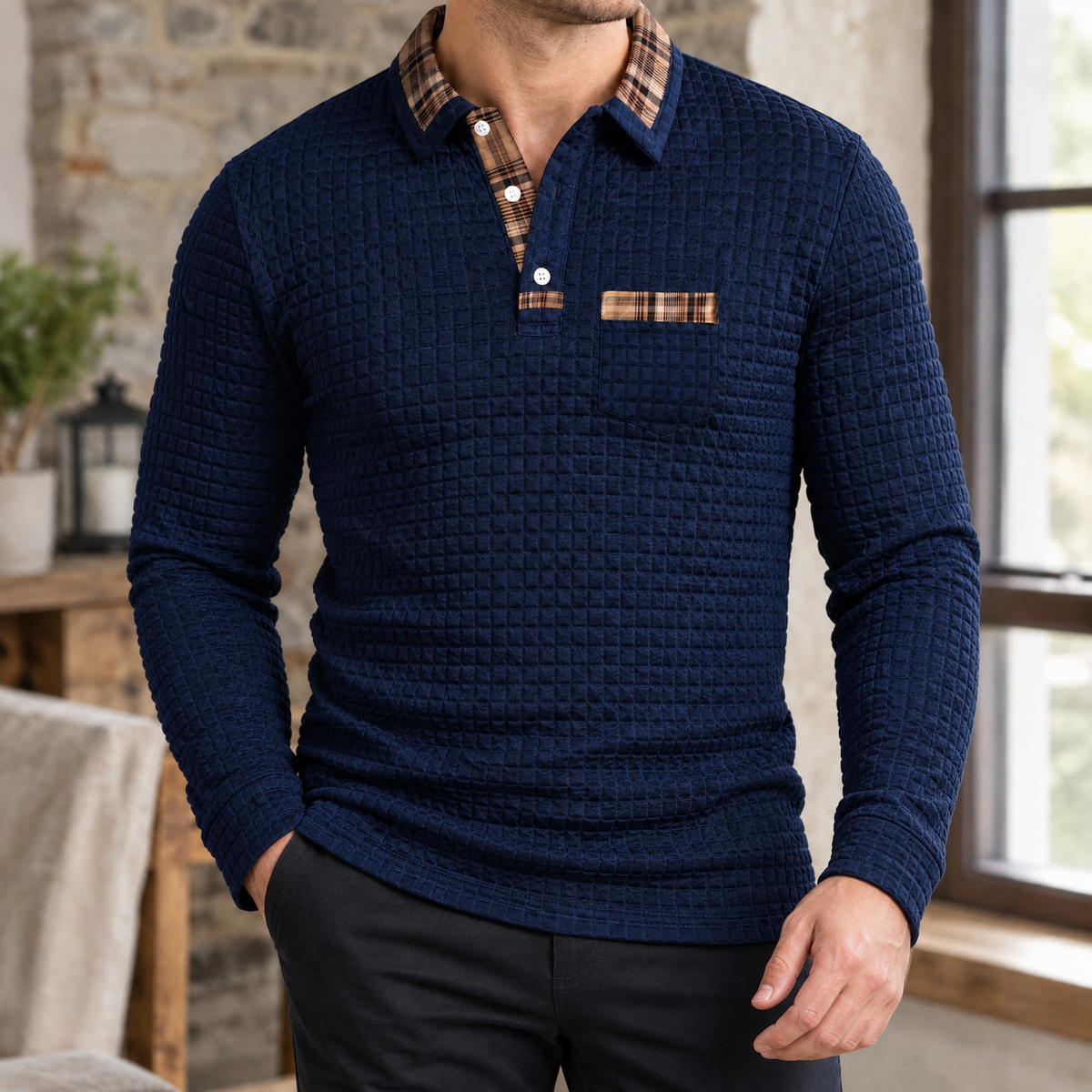 Men's Waffle Knit Long Sleeve Polo Shirt – Plaid Collar Trim