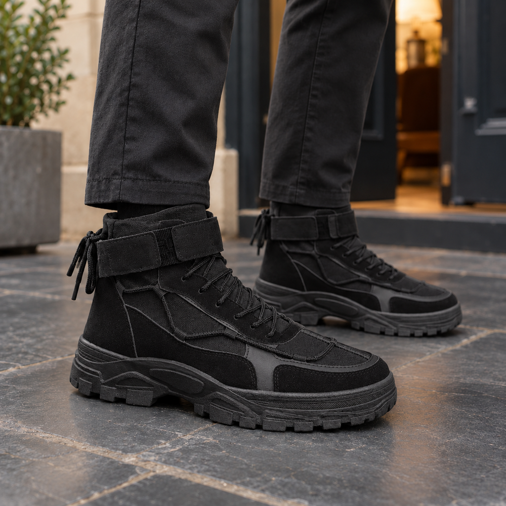 Men's Lace-Up Leather Look Boots – Chunky Treaded Sole