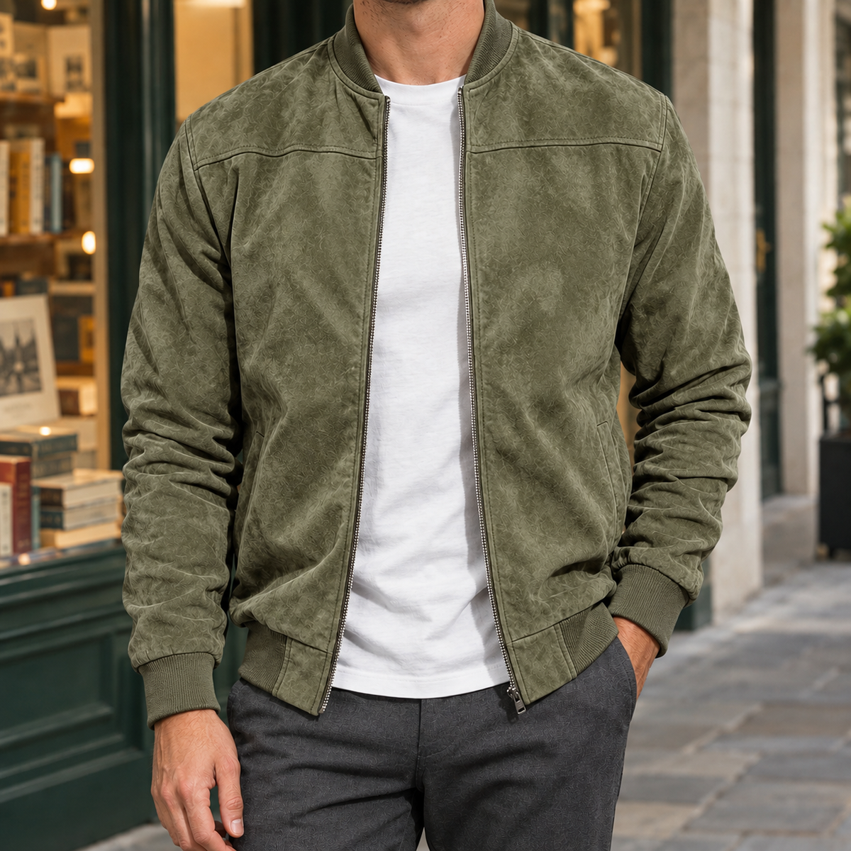 Men's Suede Bomber Jacket – Ribbed Collar Jacket