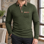 Men's Waffle Knit Long Sleeve Polo Shirt – Plaid Collar Trim