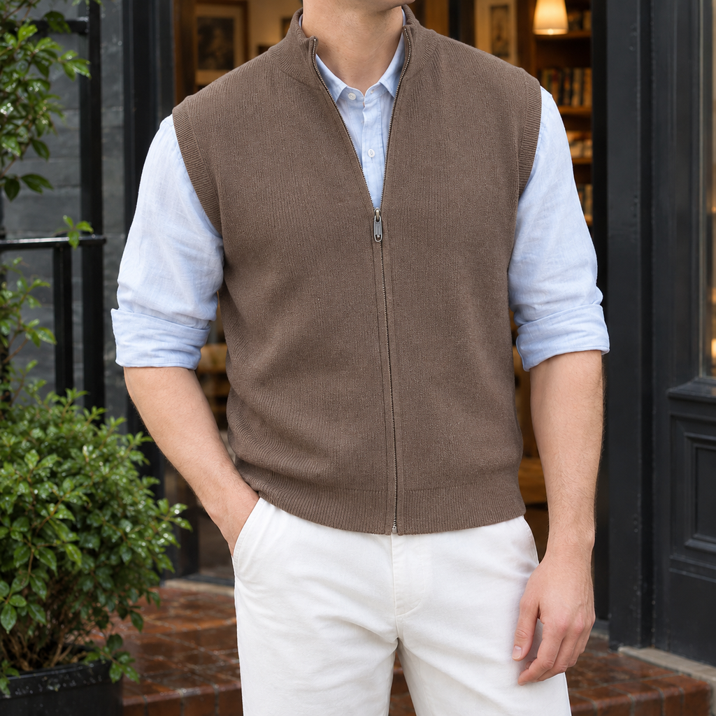 Men's Ribbed Knit Zip Vest – Sleeveless Layering Knitwear