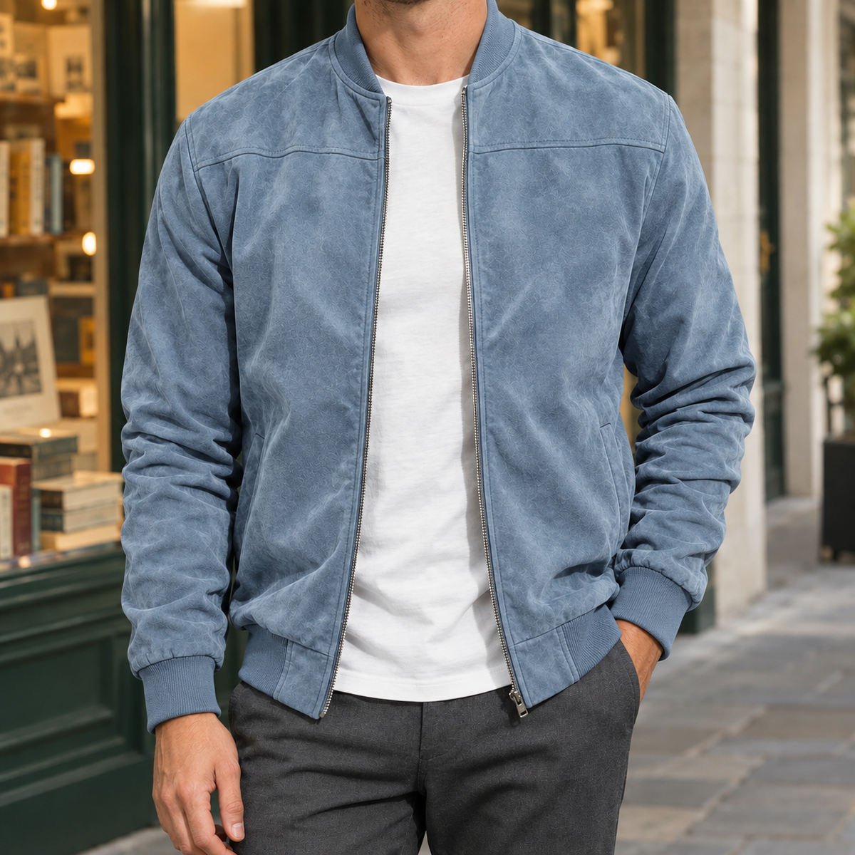 Men's Suede Bomber Jacket – Ribbed Collar Jacket