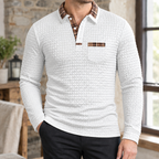Men's Waffle Knit Long Sleeve Polo Shirt – Plaid Collar Trim