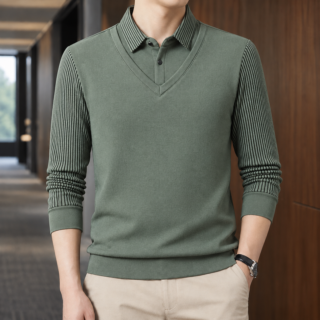 Men's Striped Long Sleeve Layered Polo Shirt