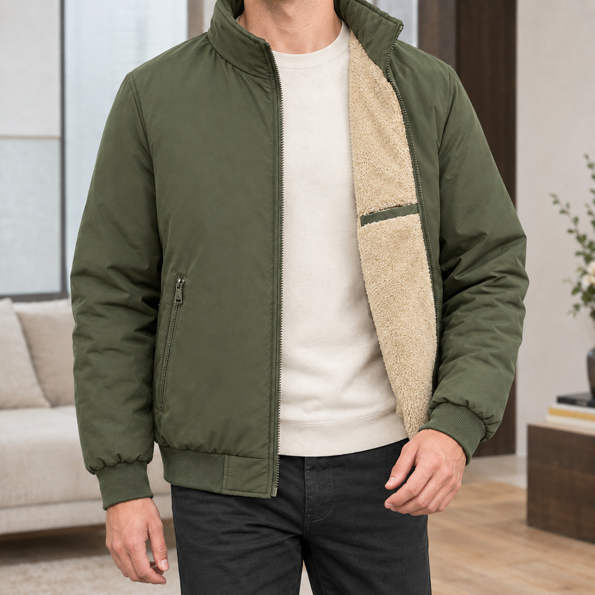 Men's Stand Collar Jacket with Plush Lining – Winter Jacket