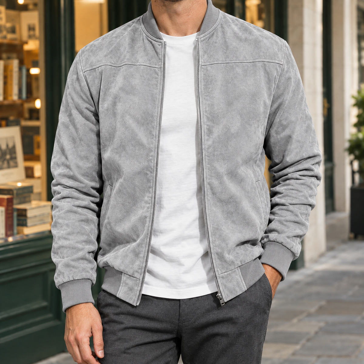 Men's Suede Bomber Jacket – Ribbed Collar Jacket